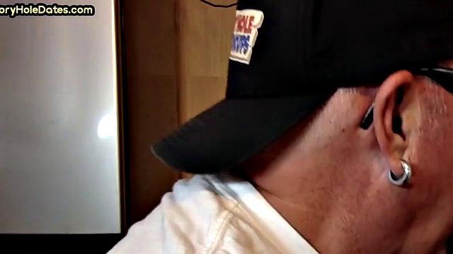 Mature DILF with glasses at gloryhole sucks neighbor's dick