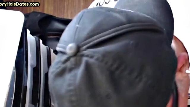 Mature DILF with glasses at gloryhole sucks neighbor's dick