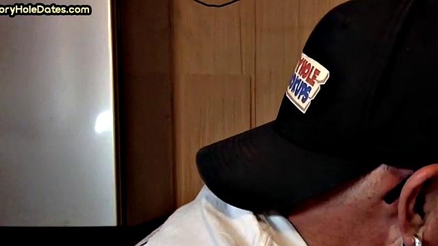 Mature DILF with glasses at gloryhole sucks neighbor's dick