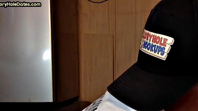 Mature DILF with glasses at gloryhole sucks neighbor's dick