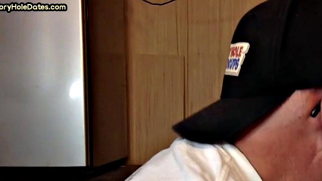 Mature DILF with glasses at gloryhole sucks neighbor's dick