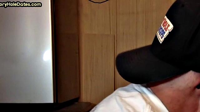 Mature DILF with glasses at gloryhole sucks neighbor's dick