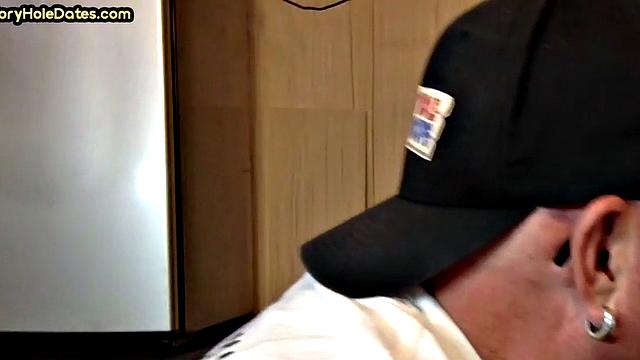 Mature DILF with glasses at gloryhole sucks neighbor's dick