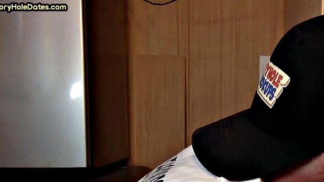 Mature DILF with glasses at gloryhole sucks neighbor's dick