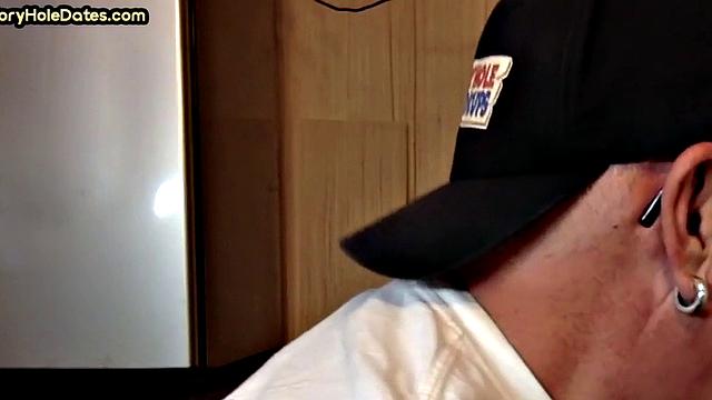 Mature DILF with glasses at gloryhole sucks neighbor's dick