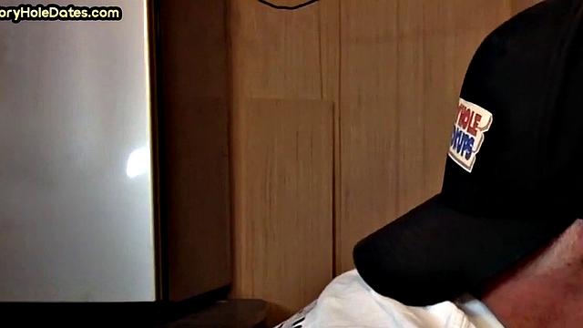 Mature DILF with glasses at gloryhole sucks neighbor's dick