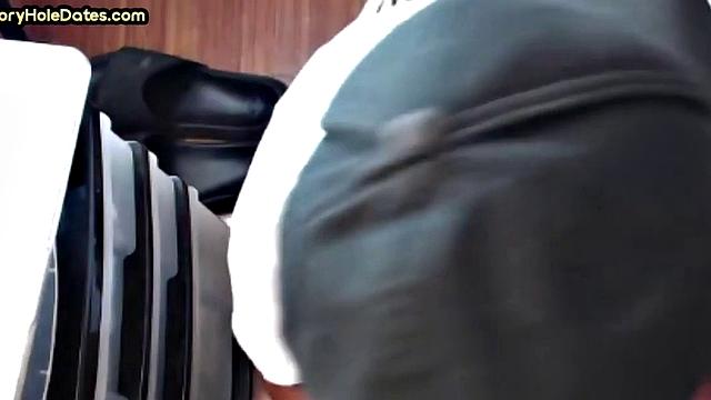 Mature DILF with glasses at gloryhole sucks neighbor's dick