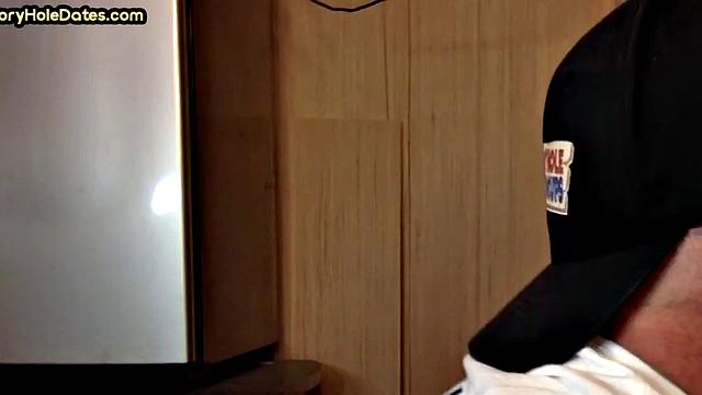 Mature DILF with glasses at gloryhole sucks neighbor's dick