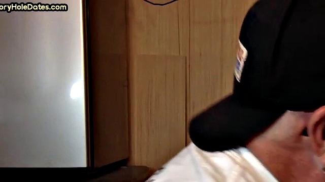 Mature DILF with glasses at gloryhole sucks neighbor's dick