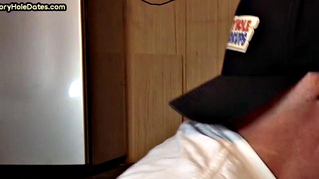 Mature DILF with glasses at gloryhole sucks neighbor's dick