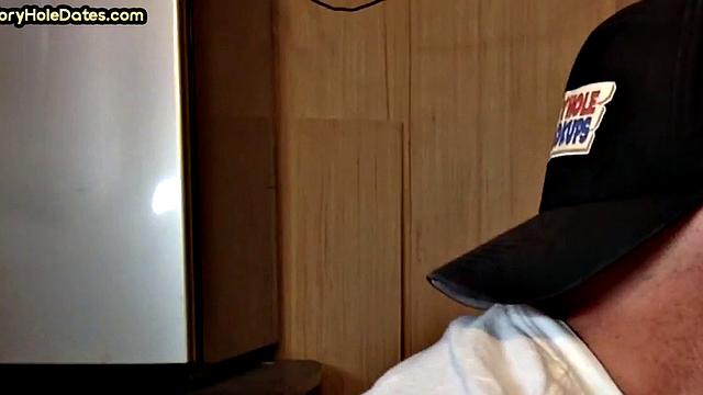 Mature DILF with glasses at gloryhole sucks neighbor's dick