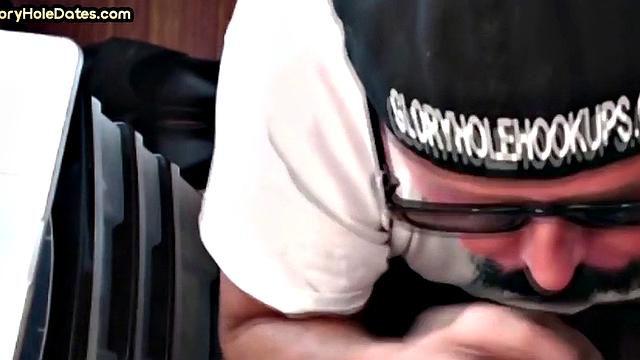 Mature DILF with glasses at gloryhole sucks neighbor's dick