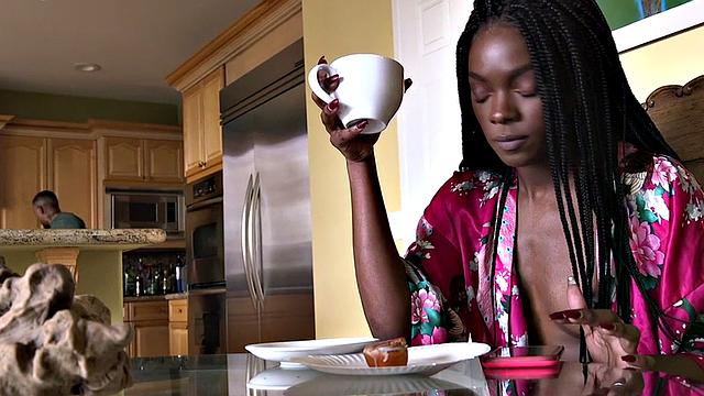 BDSM Ebony GF hard fucked in 3some while deepthroating