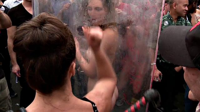 Public slutty MILF with estim on thighs whipped outdoors