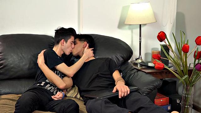 While Fabrice looks at his computer, skinny little Alvin sits next to him anxious to play. A kiss gets things going and it isn't long before Alvin has a hand full of cock and fingers up his ass.