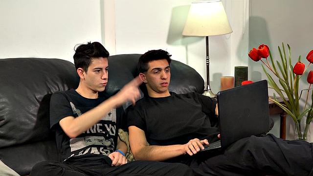 While Fabrice looks at his computer, skinny little Alvin sits next to him anxious to play. A kiss gets things going and it isn't long before Alvin has a hand full of cock and fingers up his ass.