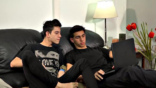 While Fabrice looks at his computer, skinny little Alvin sits next to him anxious to play. A kiss gets things going and it isn't long before Alvin has a hand full of cock and fingers up his ass.