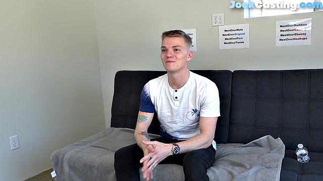 Smooth college jock gets nude and masturbates at casting.