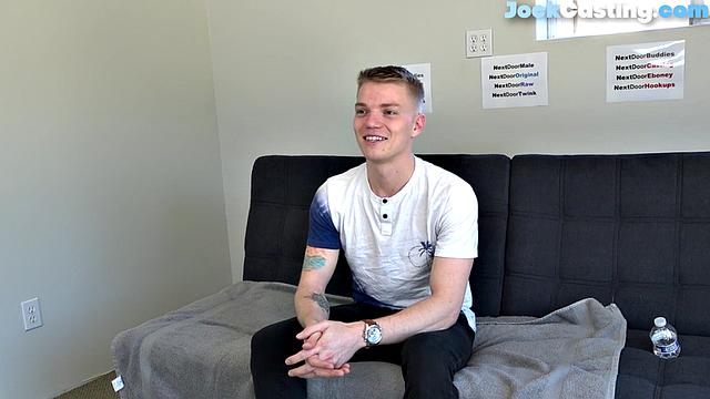 Smooth college jock gets nude and masturbates at casting.
