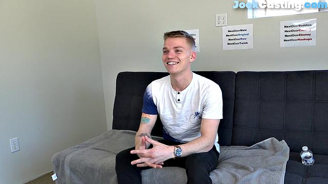 Smooth college jock gets nude and masturbates at casting.