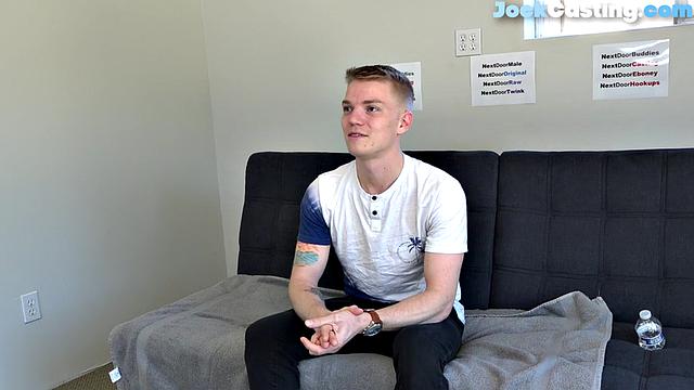 Smooth college jock gets nude and masturbates at casting.