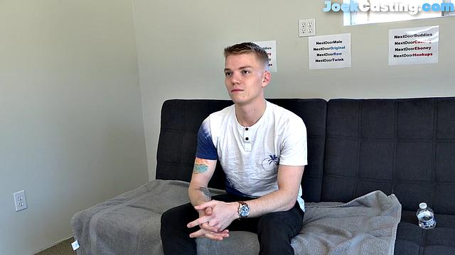 Smooth college jock gets nude and masturbates at casting.
