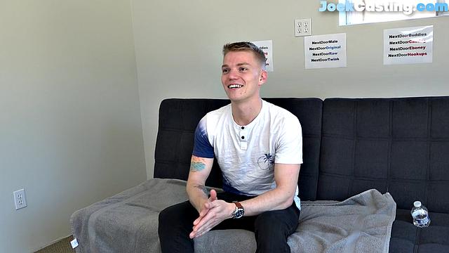 Smooth college jock gets nude and masturbates at casting.
