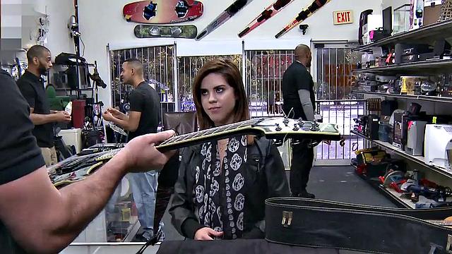 Pawnshop sexy customer enjoys sucking dick for a guitar
