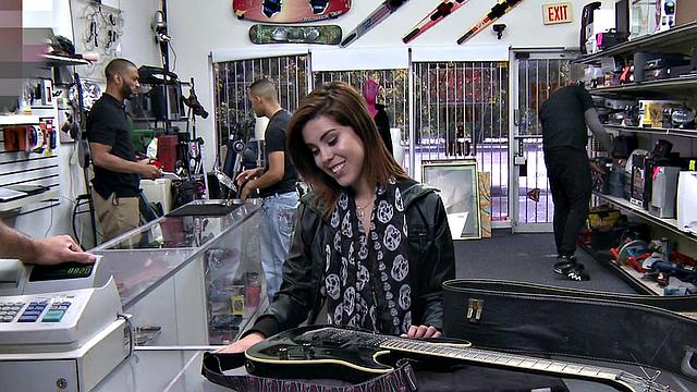 Pawnshop sexy customer enjoys sucking dick for a guitar