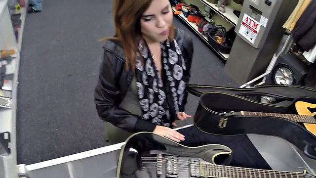 Pawnshop sexy customer enjoys sucking dick for a guitar
