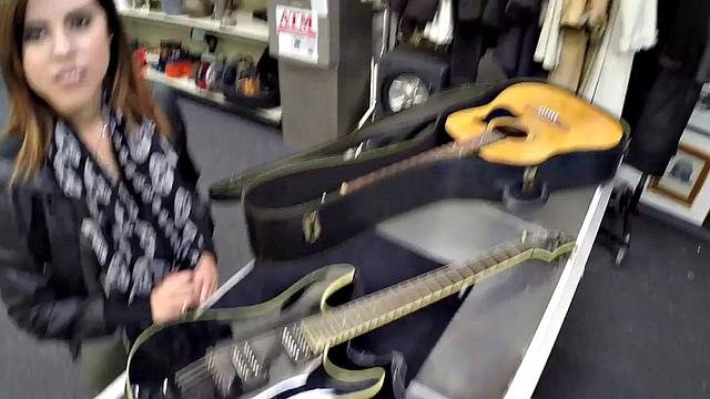 Pawnshop sexy customer enjoys sucking dick for a guitar