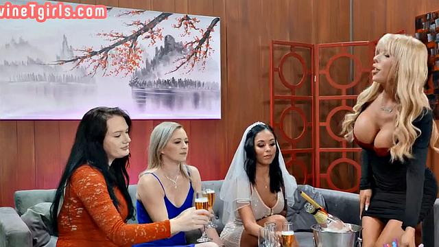 TS MILF fucks gloryhole sucking lady in restroom