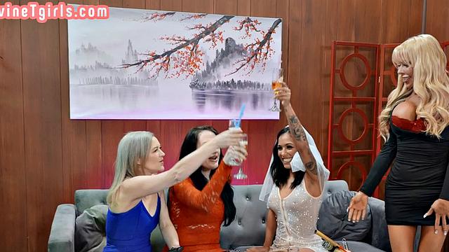 TS MILF fucks gloryhole sucking lady in restroom