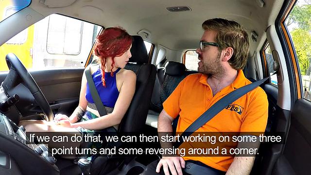 Redhead with small tits gets her pussy pounded by instructor in reverse cowgirl position outdoors