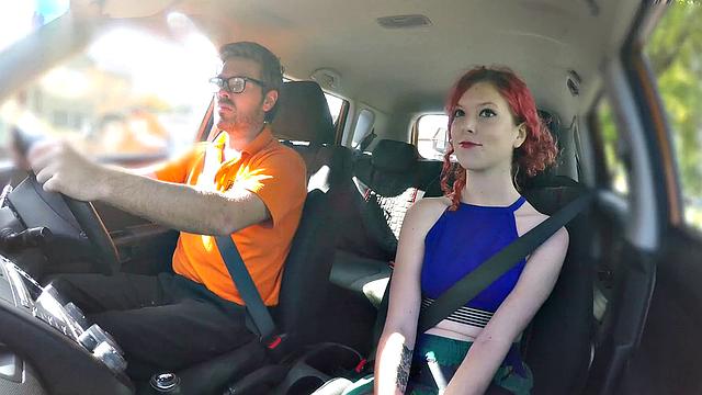 Redhead with small tits gets her pussy pounded by instructor in reverse cowgirl position outdoors