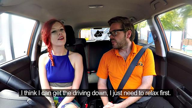 Redhead with small tits gets her pussy pounded by instructor in reverse cowgirl position outdoors