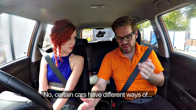 Redhead with small tits gets her pussy pounded by instructor in reverse cowgirl position outdoors