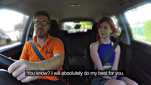 Redhead with small tits gets her pussy pounded by instructor in reverse cowgirl position outdoors