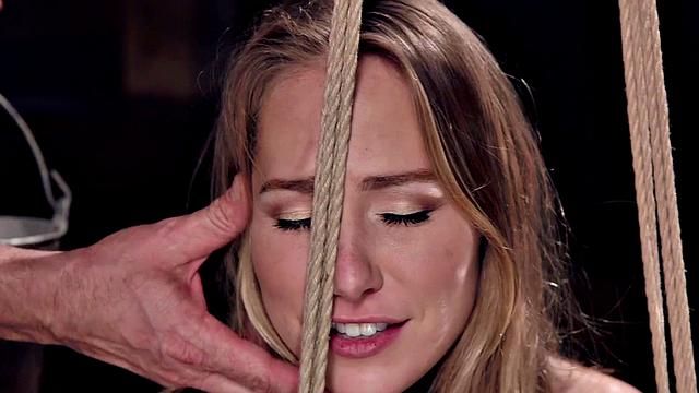 Blonde BDSM slut gets cum blasted after intense deepthroat training