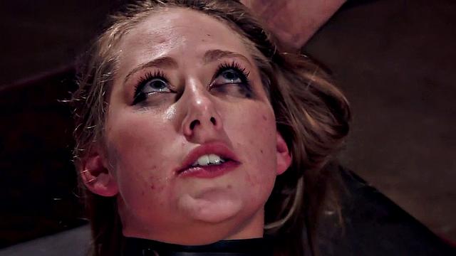 Blonde BDSM slut gets cum blasted after intense deepthroat training