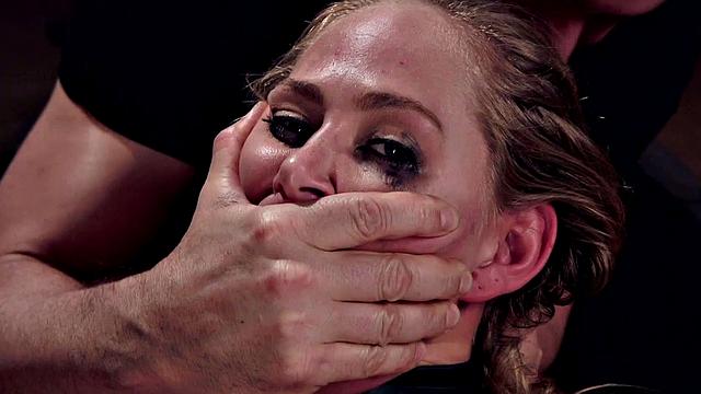 Blonde BDSM slut gets cum blasted after intense deepthroat training