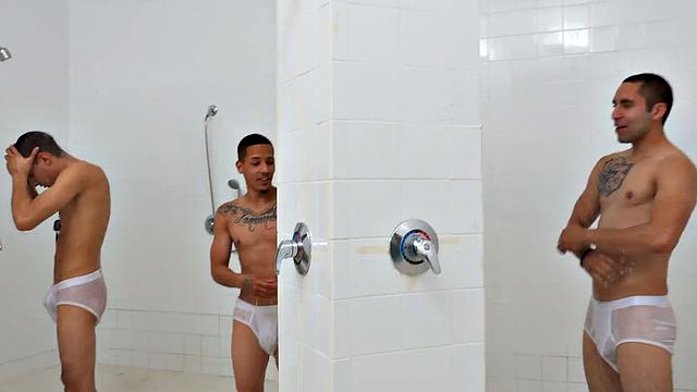Military tattooed stud sucks and rides in shower