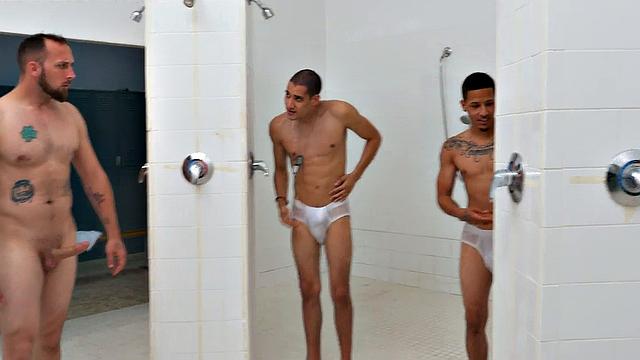 Military tattooed stud sucks and rides in shower