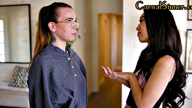 Petite inked Asian facesits her BFF slut