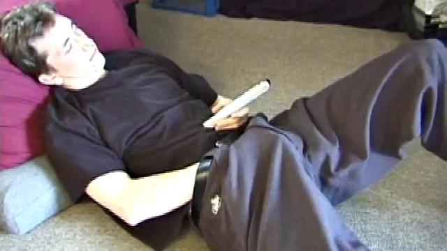 On the floor of his room Derek massages his crotch to himself. He soon pulls out his cock and strokes it until he cums on his stomach.