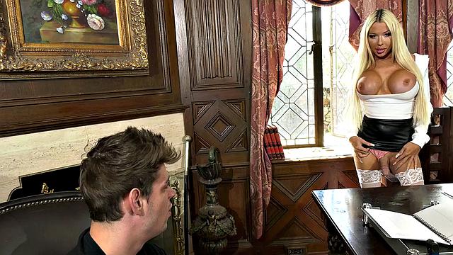 Deepthroating busty TS in stockings fucked in office