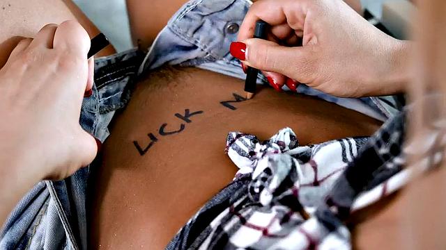 Blonde and brunette share a dildo after eating pussy in a hot threesome