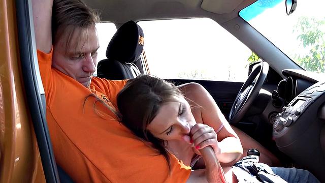 Horny Eurobabe fucks tutor after oral in car, cowgirl style