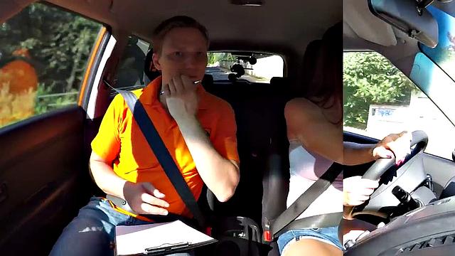 Horny Eurobabe fucks tutor after oral in car, cowgirl style