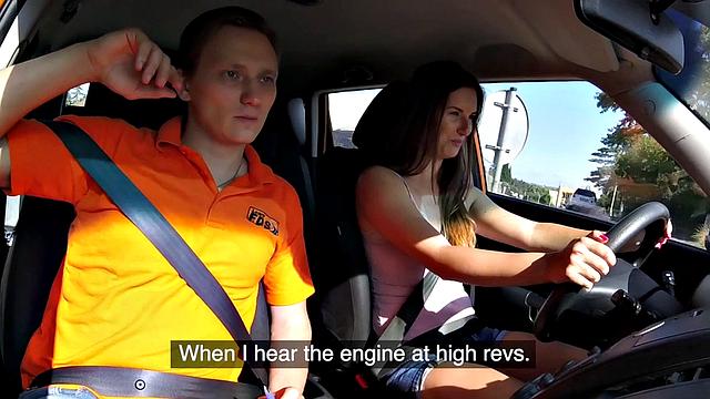 Horny Eurobabe fucks tutor after oral in car, cowgirl style